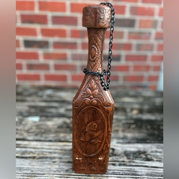 Tall Embossed Leather Wrapped Triangle Shaped Bottle Decanter Made in Spain - Picture 3 of 6